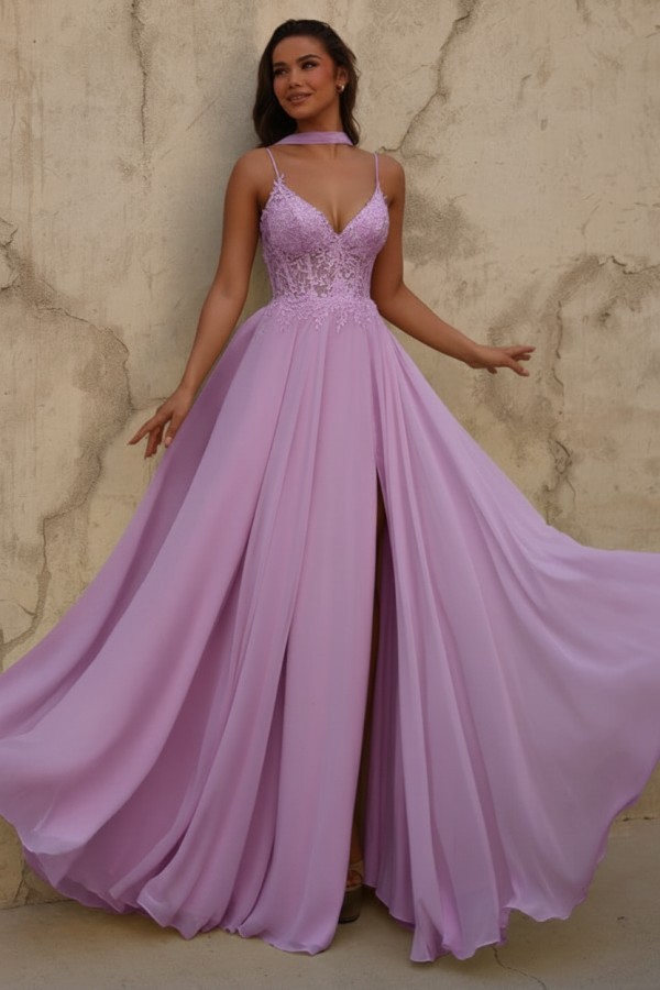Neue Chiffon Ballkleid Lang Gelb Abendkleider mit Spitze