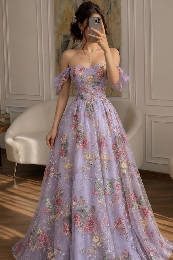 Schöne Abendkleider Lang Glitzer Ballkleider mit Blumen