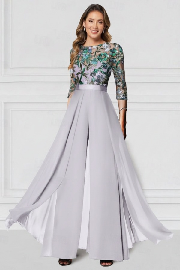 Festliche Hosenanzüge Lang Glitzer | Chiffon Schwarz Brautmutterkleider mit Ärmel