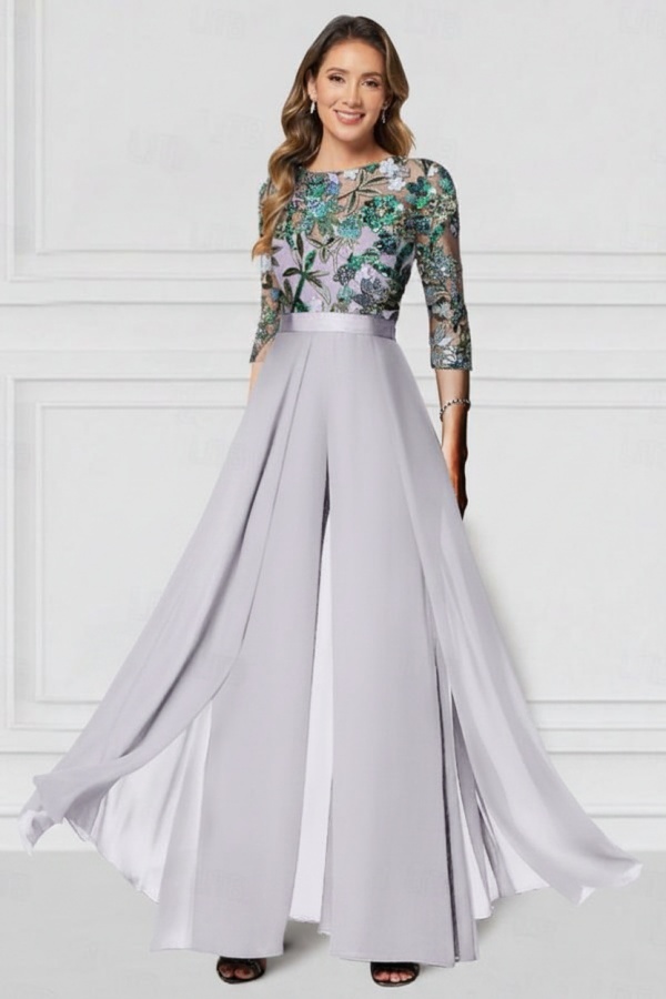 Festliche Hosenanzüge Lang Glitzer | Chiffon Schwarz Brautmutterkleider mit Ärmel