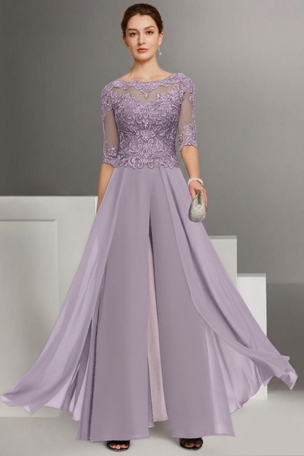 Brau Brautmutter Hosenanzug | Chiffon Brautmutterkleider mit Spitzenärmel