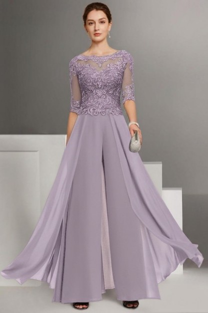Brau Brautmutter Hosenanzug | Chiffon Brautmutterkleider mit Spitzenärmel