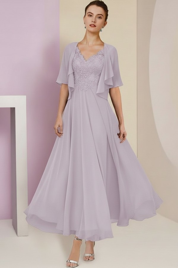 Elegant Rosa Brautmutterkleider Chiffon | Mutterkleider mit V-Ausschnitt