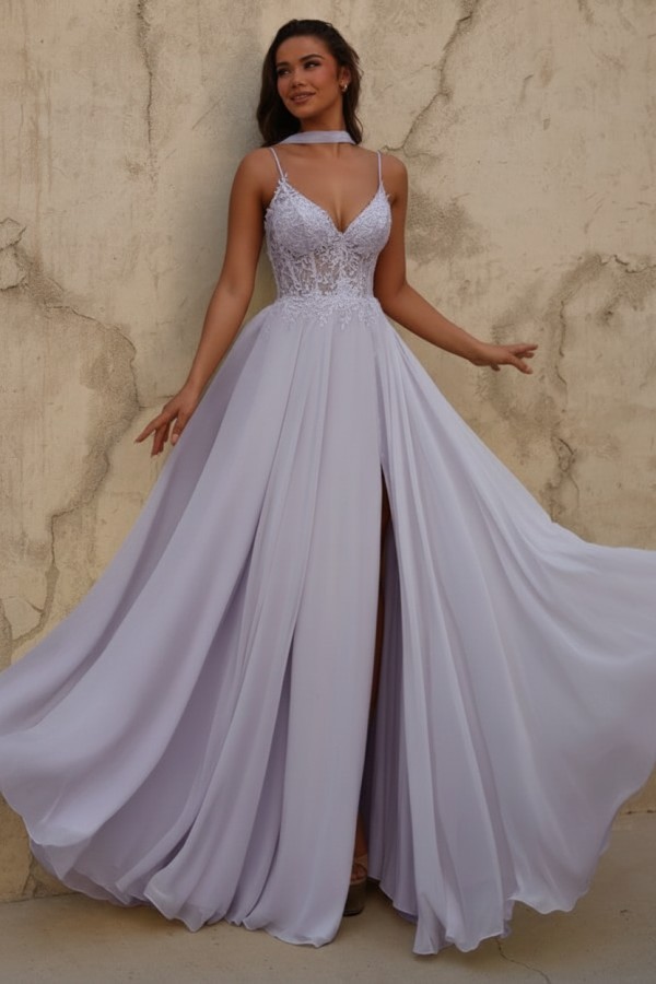 Neue Chiffon Ballkleid Lang Gelb Abendkleider mit Spitze