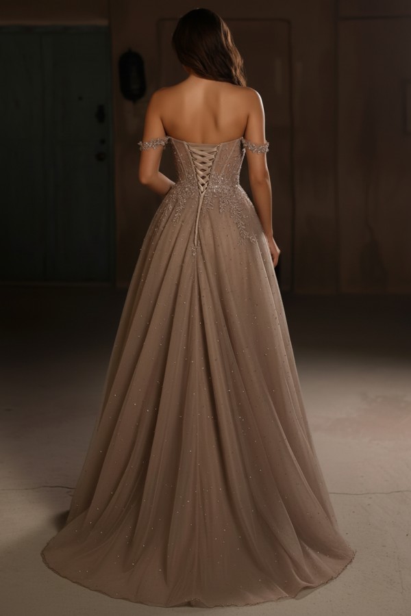 Braun Abendkleider Lang Glitzer Ballkleider mit Spitze