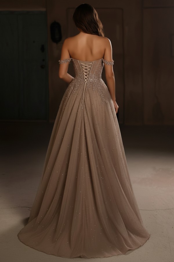 Braun Abendkleider Lang Glitzer Ballkleider mit Spitze