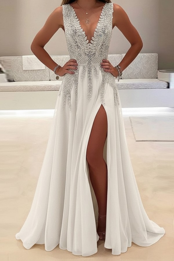 Champagne Abendkleider Lang Günstig V Ausschnitt Tüll Abendmoden Abiballkleider