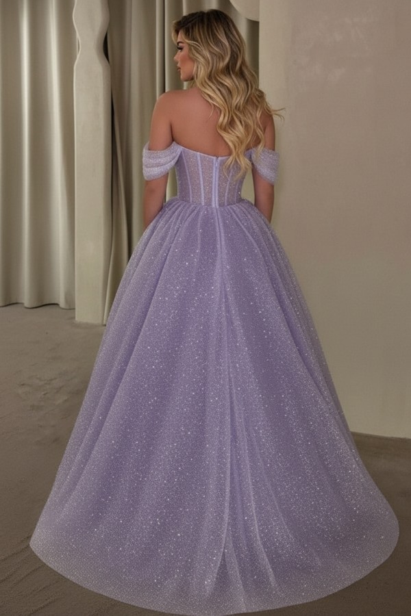 Lila Ballkleid Lang Glitzer Prinzessin Abendkleider Günstig