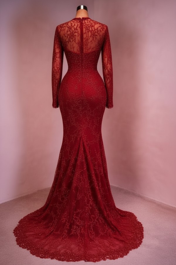 Designer Abendkleid Lang Weinrot Ballkleid Spitze Mit Ärmel