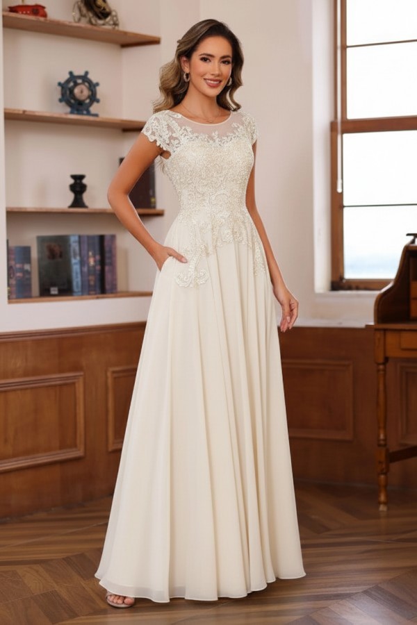 Dusty Blaue Brautmutterkleider Lang Chiffon Partykleid mit Spitze