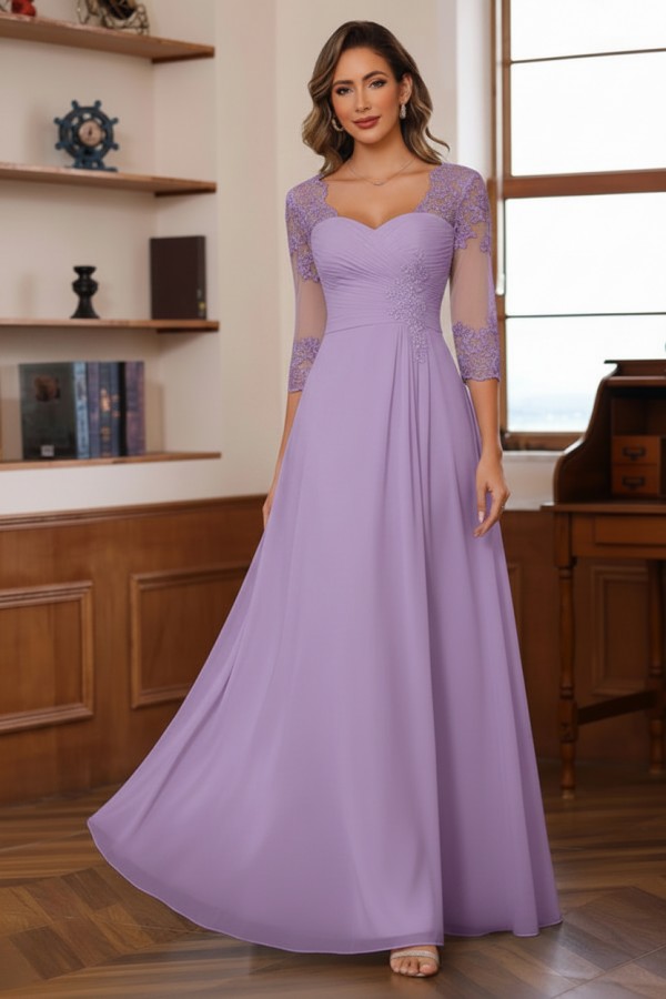 Dusty Blaue Brautmutterkleider Lang Chiffon Hoochzeitspartykleid Spitzenärmel