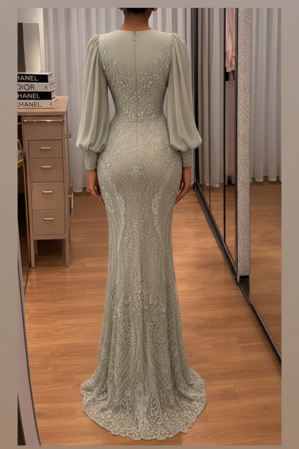 Dusty Grün Abendkleider Lang Glitzer Ballkleider Mit Ärmel