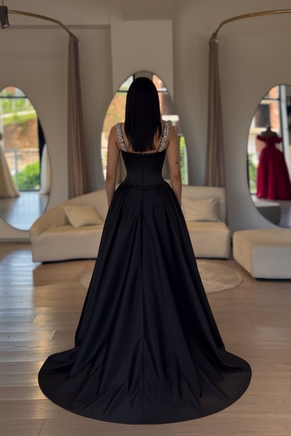 Schwarze Abendkleider Lang Günstig Ballkleid Abendmoden mit Perlen