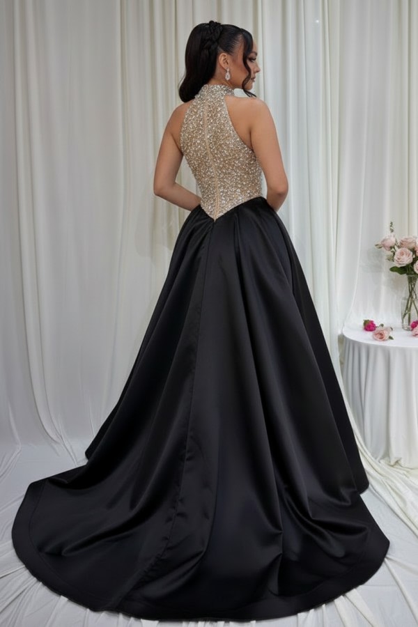 Vintage Abendkleider Lang Schwarz Ballkleid Abiballkleid mit Glitzer