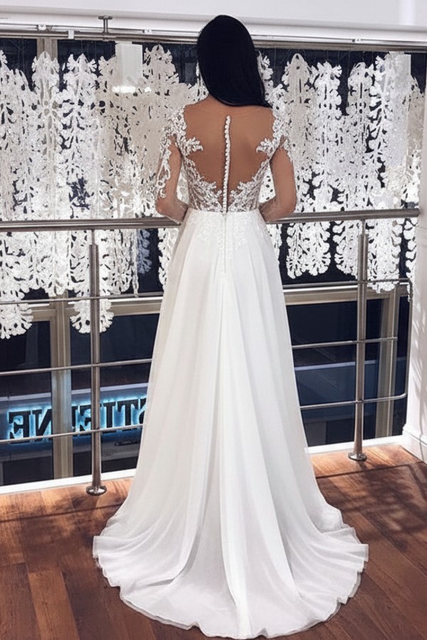 Schlichte Hochzeitskleider mit Ärmel | Chiffon Brautkleid mit Spitze