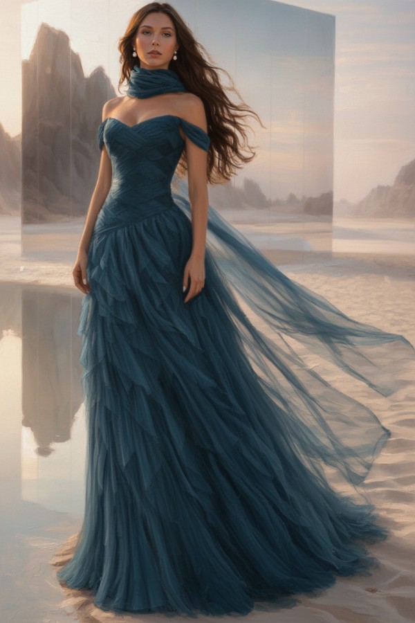  Tintenblau Abendkleider Lang Tüll Ballkleider Abiballkleider Online