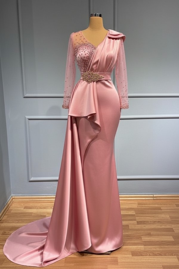 Olive Grün Abendkleider Lang Glitzer | Abiballkleider mit Ärmel