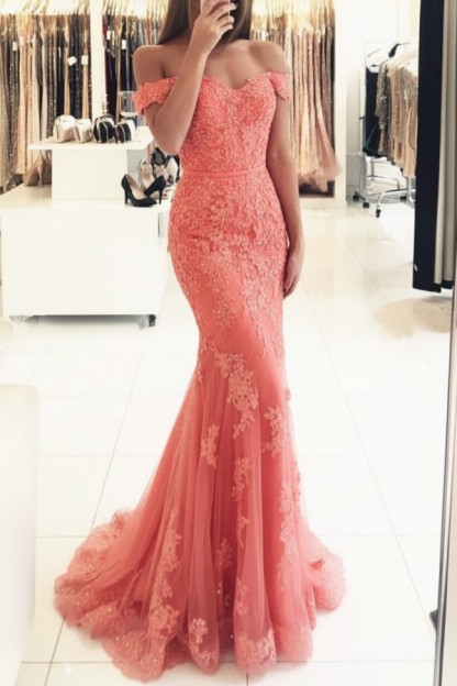 Rot Lange Abendkleider Spitze Perlen Schulterfrei Meerjungfrau Abibllkleider Partykleider BA3809