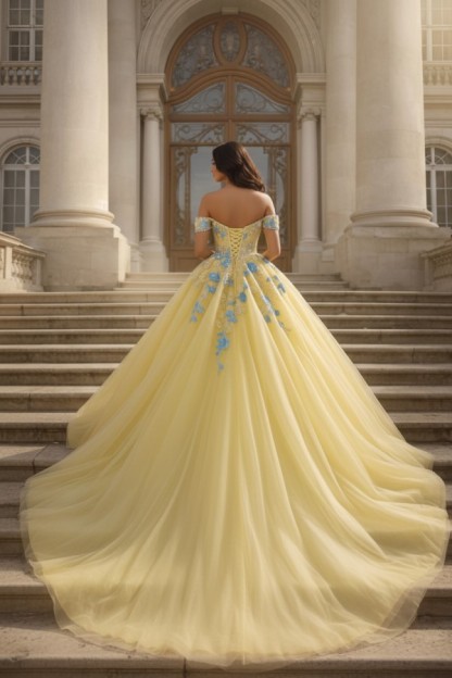 Prinzessin Ballkleid Lang Glitzer Gelb Abendkleider mit Spitze