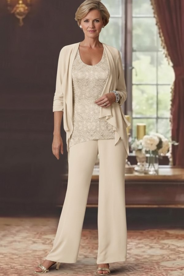 Silber Brautmutter Hosenanzug Chiffon Brautmutterkleider mit Spitze