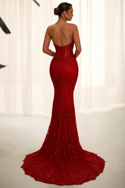 Rotes Abendkleid Ballkleider lang Spitze Glitzer Meerjungfrau Stil