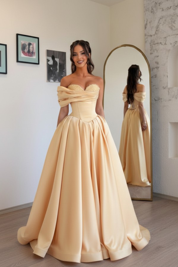 Schlichtes Abendkleid Lang Champagnergold Satin Ballkleid Günstig Online