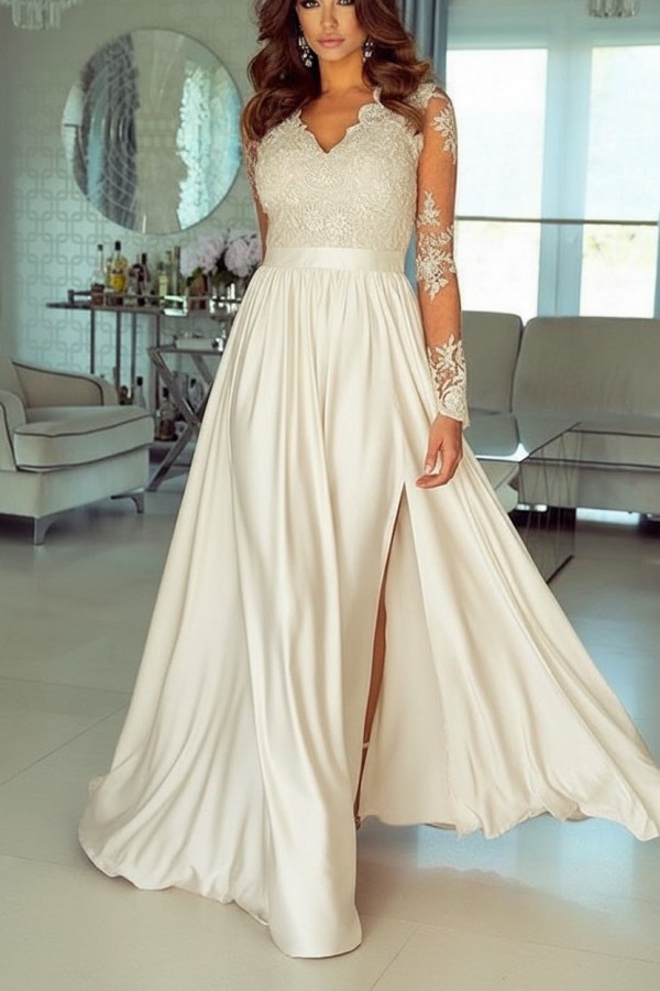 Champagne Abendkleider Lang Mit Ärmel Spitze Abendmoden Günstig