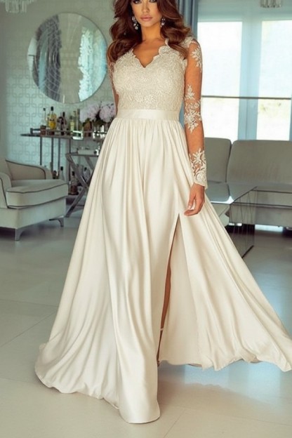 Champagne Abendkleider Lang Mit Ärmel Spitze Abendmoden Günstig