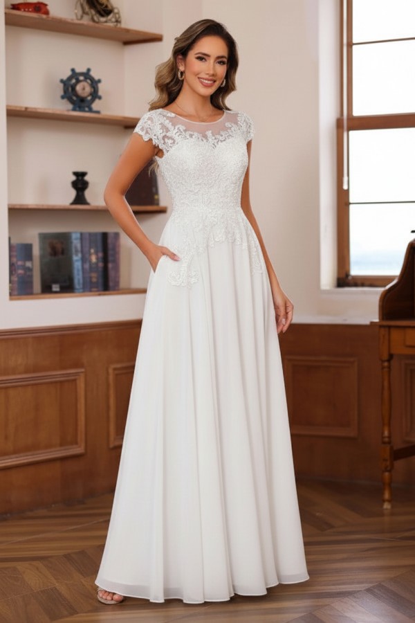 Dusty Blaue Brautmutterkleider Lang Chiffon Partykleid mit Spitze