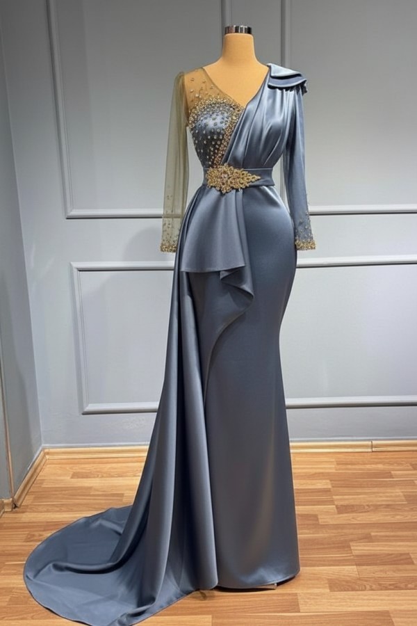 Olive Grün Abendkleider Lang Glitzer | Abiballkleider mit Ärmel