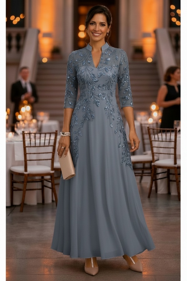 Festliche Kleider Hochzeitsparty Lang Brautmutterkleider Glitzer mit Ärmel