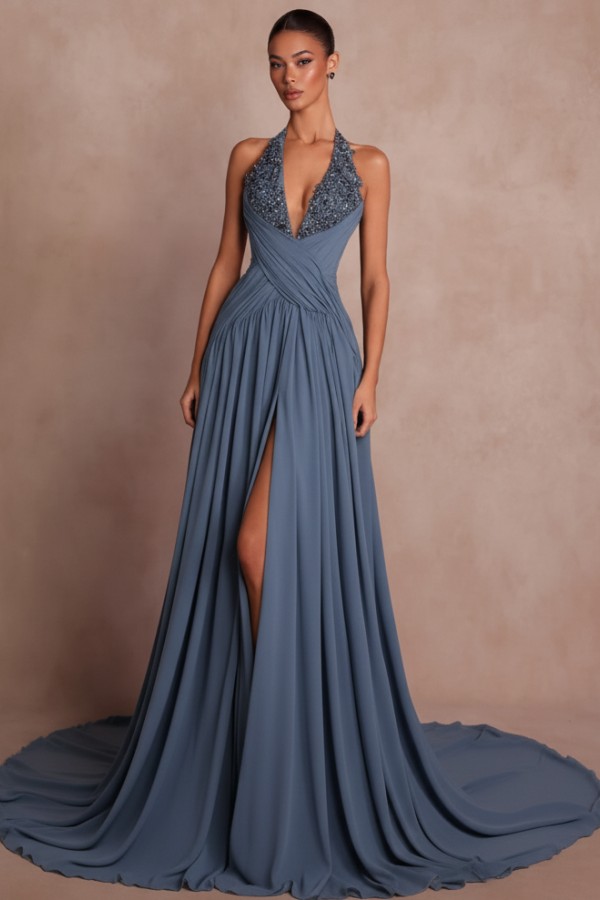 Schlichte Abendkleider Lang V Ausschnitt Chiffon Ballkleider mit Glitzer