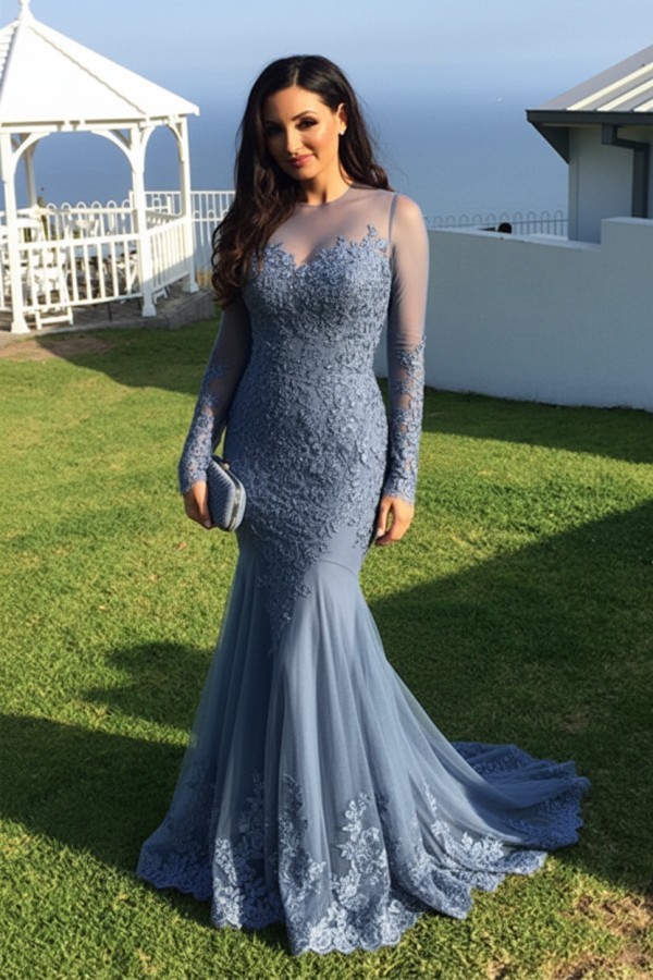 Schwarz Abendkleider Lang Ärmel Spitze Meerjungfrau Abendmoden Partykleider