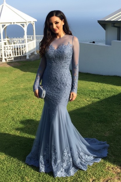 Schwarz Abendkleider Lang Ärmel Spitze Meerjungfrau Abendmoden Partykleider