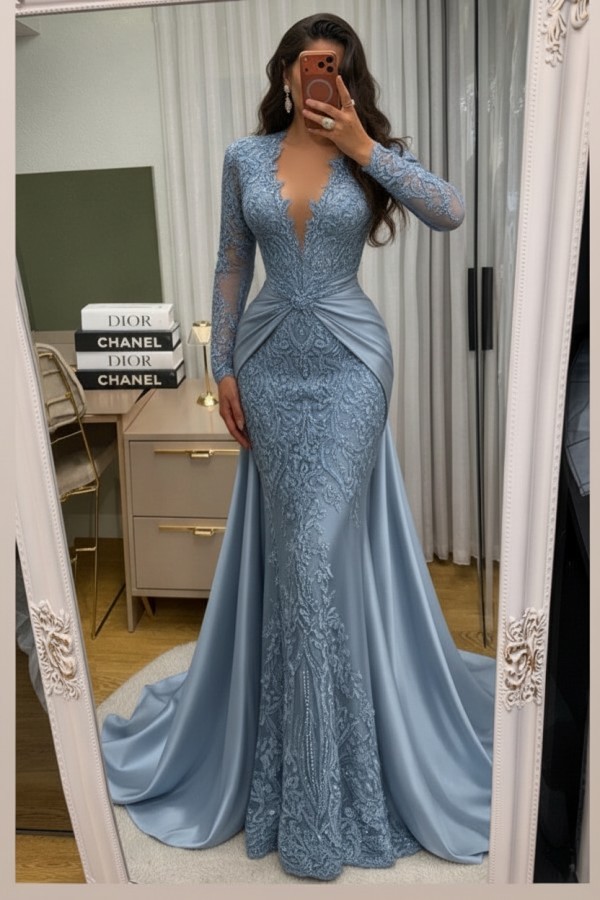 Wunderschöne Abendkleider Lang Spitze Abiballkleider mit Ärmel