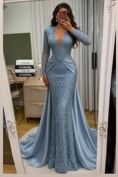 Wunderschöne Abendkleider Lang Spitze Abiballkleider mit Ärmel