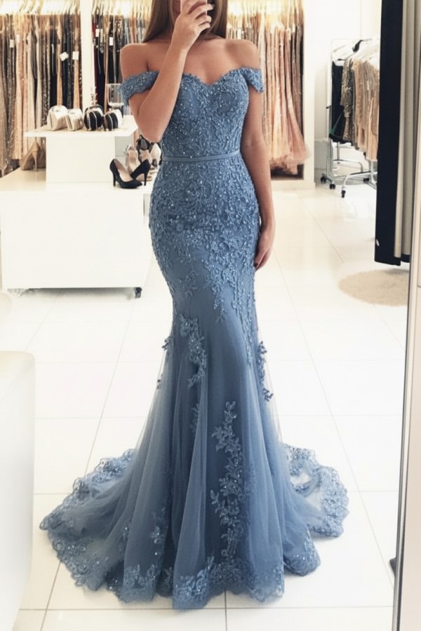 Rot Lange Abendkleider Spitze Perlen Schulterfrei Meerjungfrau Abibllkleider Partykleider BA3809