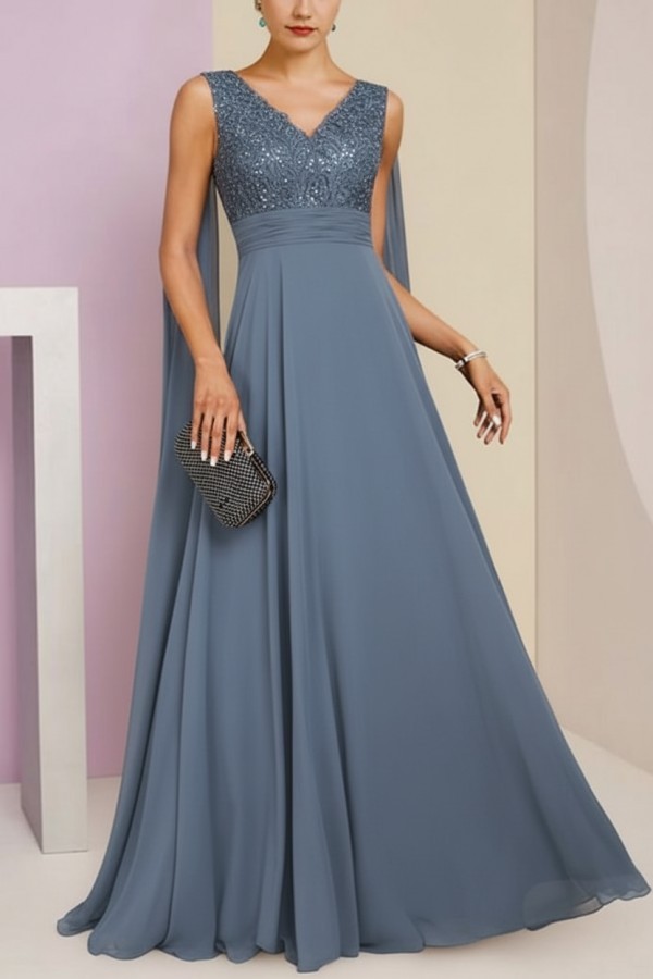 Brautmutterkleid Lang Blau Kleider für Brautmutter mit Ärmel