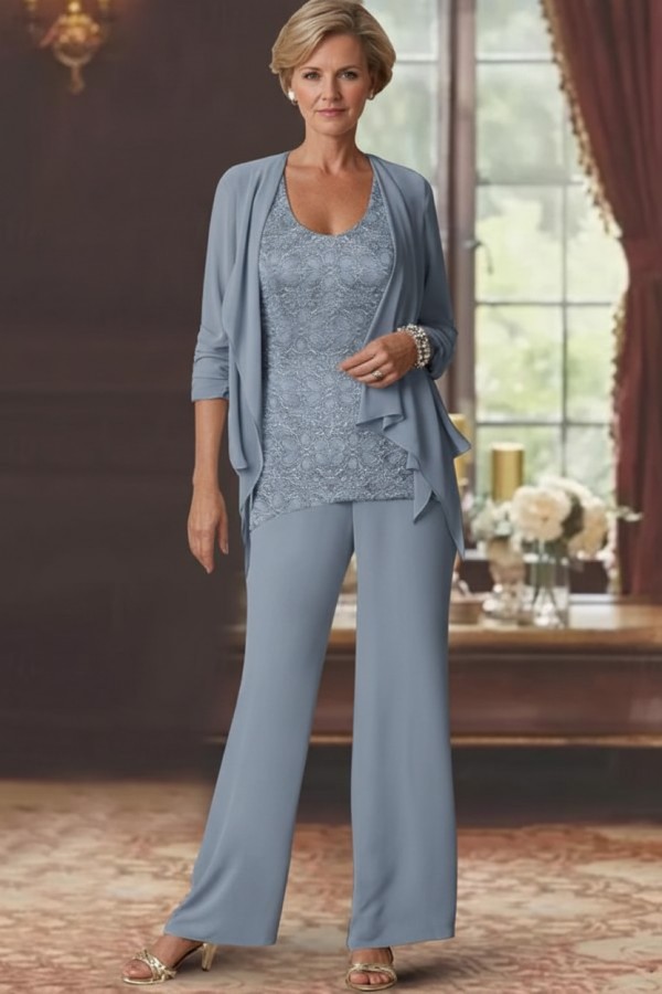 Silber Brautmutter Hosenanzug Chiffon Brautmutterkleider mit Spitze