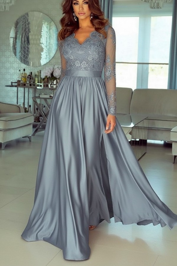 Champagne Abendkleider Lang Mit Ärmel Spitze Abendmoden Günstig