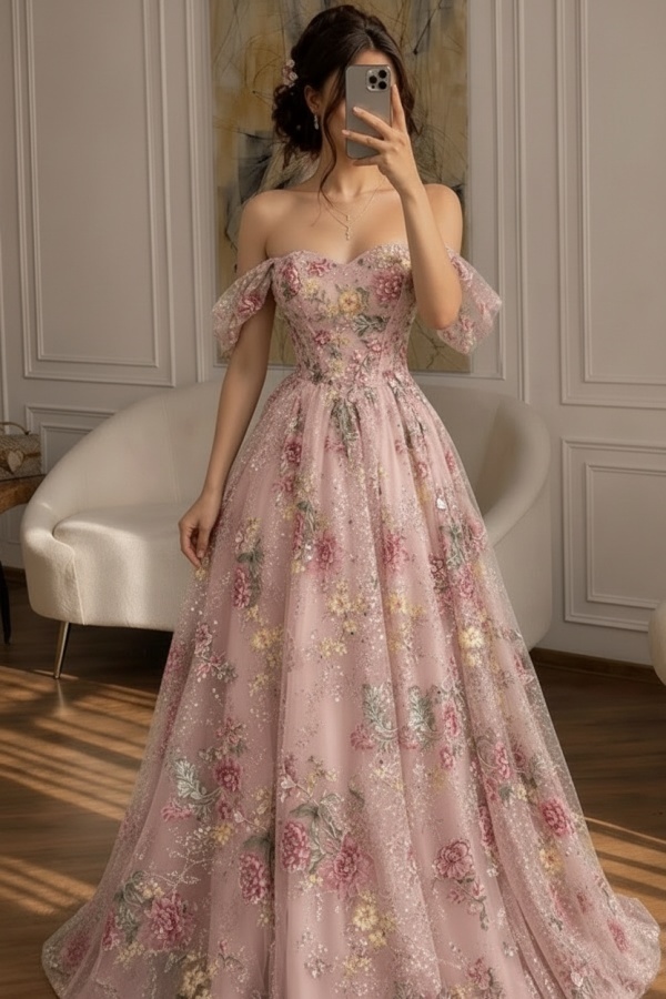 Schöne Abendkleider Lang Glitzer Ballkleider mit Blumen