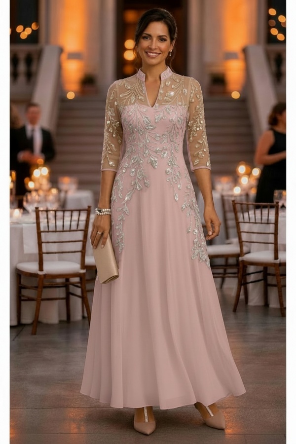 Festliche Kleider Hochzeitsparty Lang Brautmutterkleider Glitzer mit Ärmel