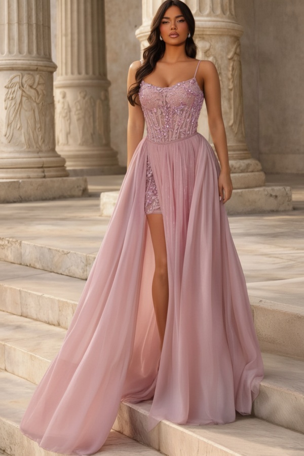 Rosa Abendkleider Lang Chiffon Ballkleider mit Glitzer