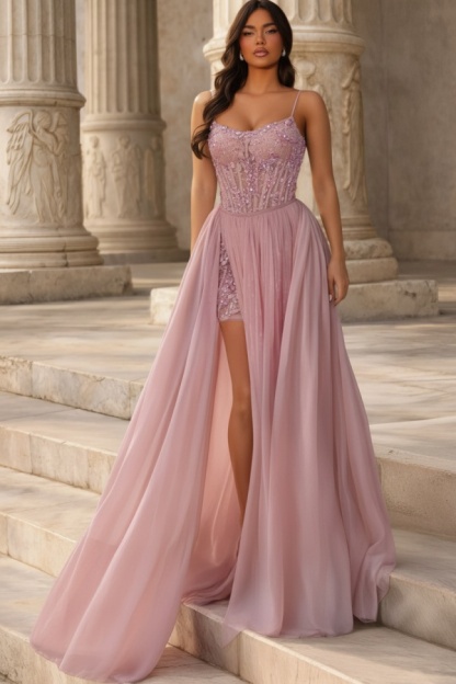 Rosa Abendkleider Lang Chiffon Ballkleider mit Glitzer