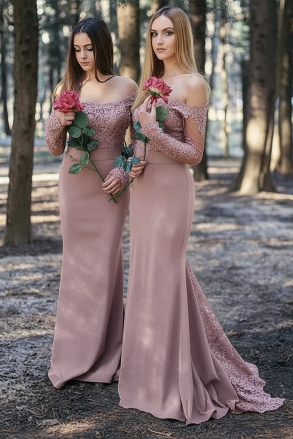 Weinrot Brautjungfernkleider Lang Günstig | Chiffon Spitze Kleider Online