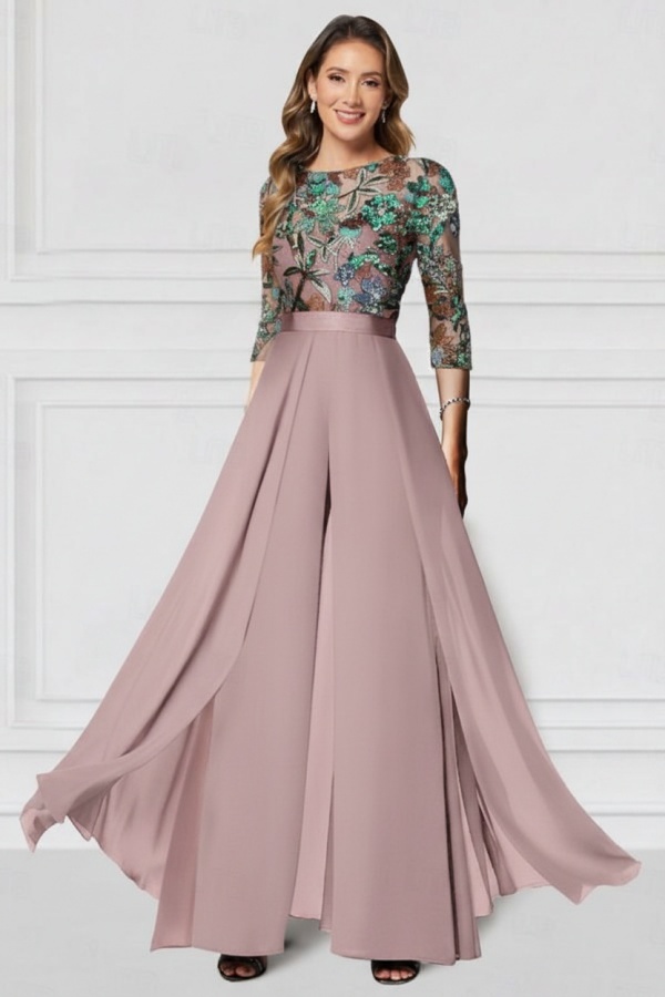 Festliche Hosenanzüge Lang Glitzer | Chiffon Schwarz Brautmutterkleider mit Ärmel
