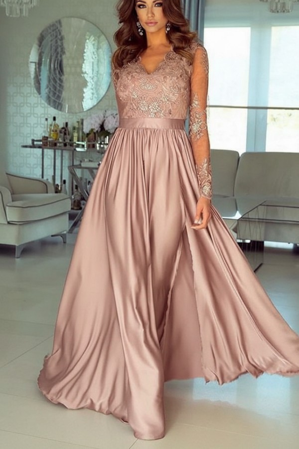 Champagne Abendkleider Lang Mit Ärmel Spitze Abendmoden Günstig