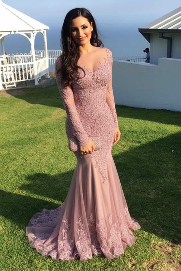 Schwarz Abendkleider Lang Ärmel Spitze Meerjungfrau Abendmoden Partykleider