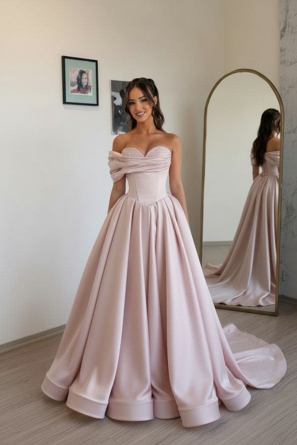 Schlichtes Abendkleid Lang Champagnergold Satin Ballkleid Günstig Online