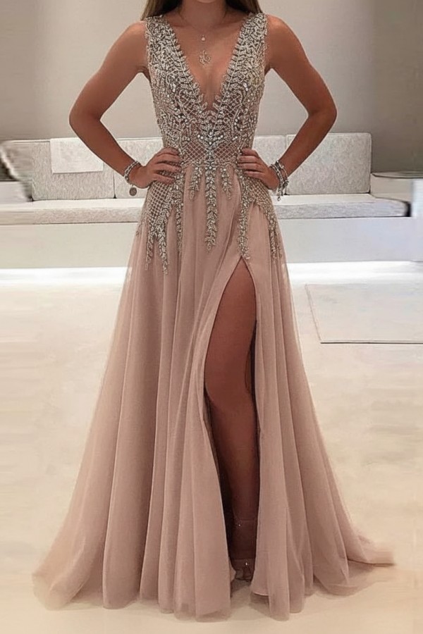 Champagne Abendkleider Lang Günstig V Ausschnitt Tüll Abendmoden Abiballkleider